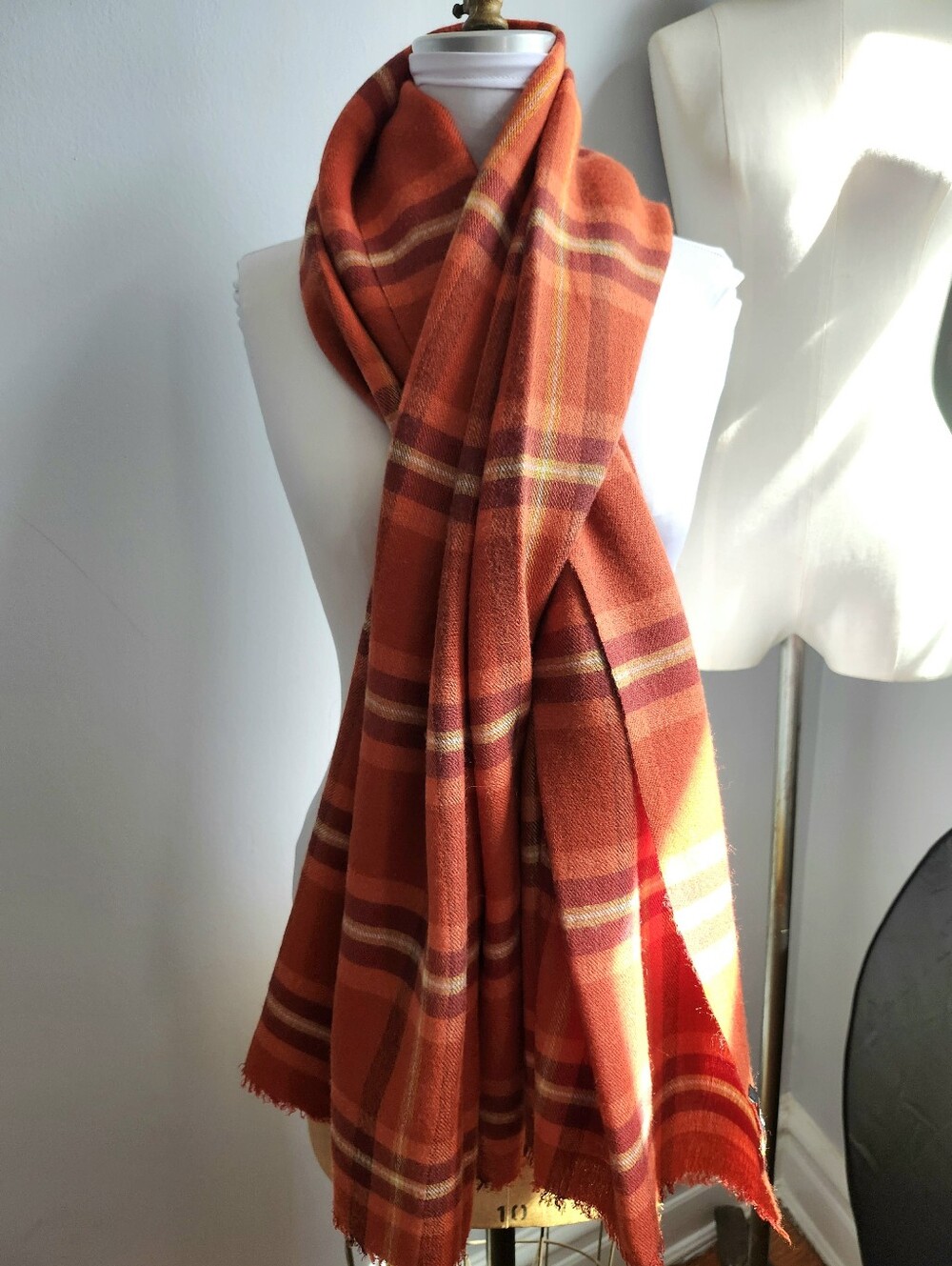 Banana Republic "Reese Plaid" Rust Orange Wool Blend Shawl Scarf XL 36x72 Inches